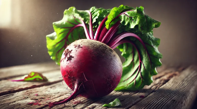 A-realistic-depiction-of-a-fresh-beetroot-showcasing-its-deep-red-purple-color-green-leafy-tops-and-earthy-roots-placed-on-a-rustic-wooden-surface