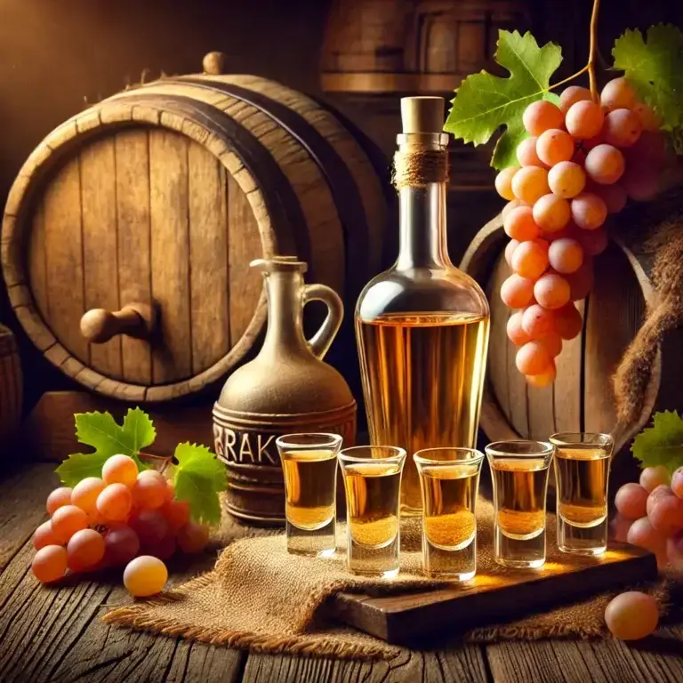 a-traditional-macedonian-rakija-setup-featuring-a-glass-bottle-of-rakija-five-small-rakija-glasses-filled-with-the-drink-a-cluster-of-grapes-and-oa