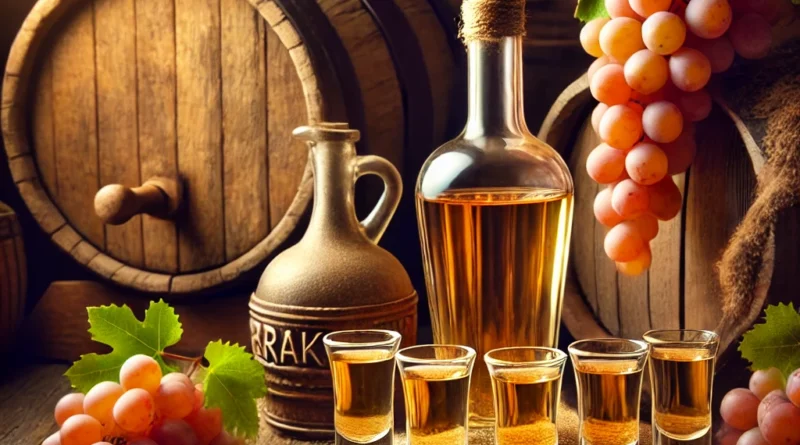 a-traditional-macedonian-rakija-setup-featuring-a-glass-bottle-of-rakija-five-small-rakija-glasses-filled-with-the-drink-a-cluster-of-grapes-and-oa