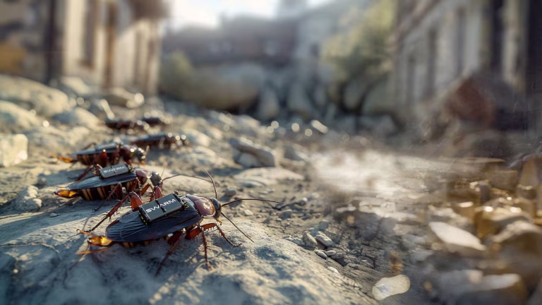 Дигитална илустрација објавена од Swarm Biotactics покажува она што тие го опишуваат како киборг лебарка, опремена со специјализиран ранец што овозможува собирање податоци во реално време преку камери.