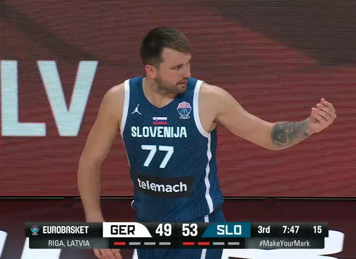Luka doncic germany vs slovenia money gesture sign for corruption of referee eurobasket 2025