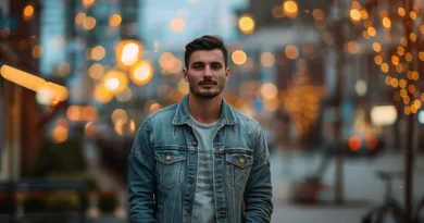 Убав млад човек дечко со црна кратка коса кратка брада носи тексас јакна