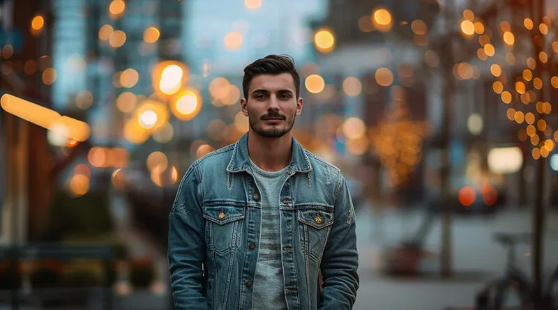 Убав млад човек дечко со црна кратка коса кратка брада носи тексас јакна